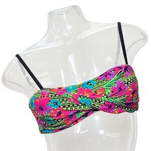 EUC Justice Bikini Swim Top -Girls Size 16 Vibrant Floral Multicolor, Black Trim